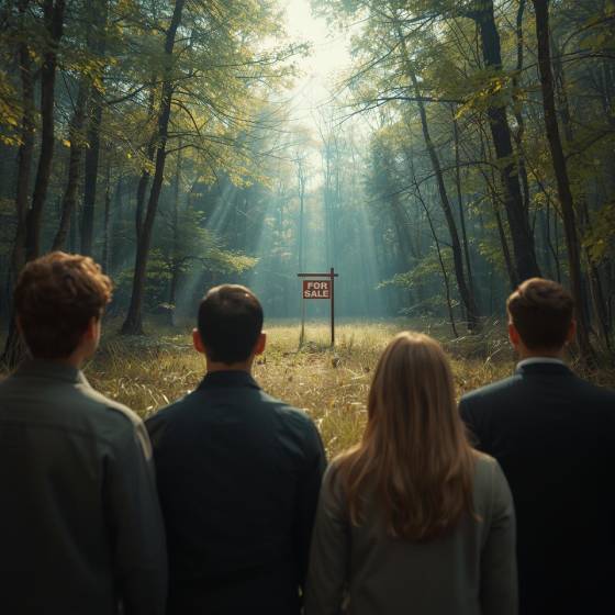 How Much Does Shared Woodland Ownership Really Cost? 1 4 people seen from the back looking into a woodland clearing with a sale sign