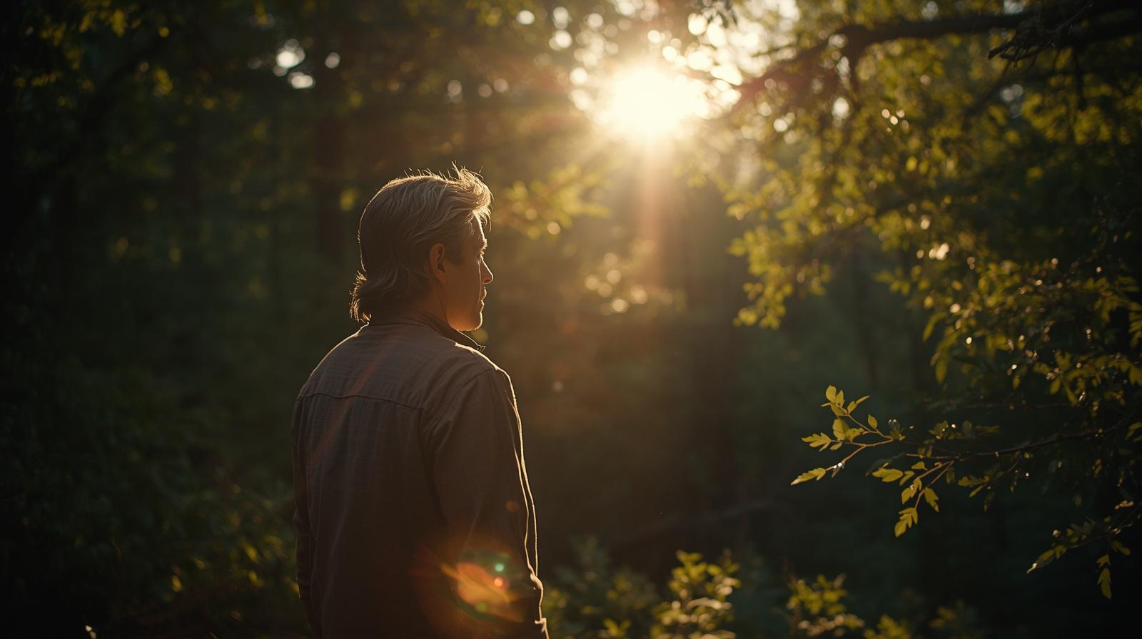 man-standing-in-a-woodland-clearing-overlooking-the-forest-in-the-summertime