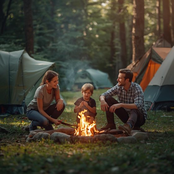 Family camping the woods